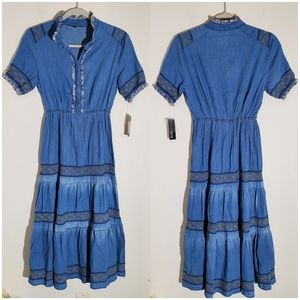 Lapis Tiered Ruffle Embroidered Prairie Dress Size M